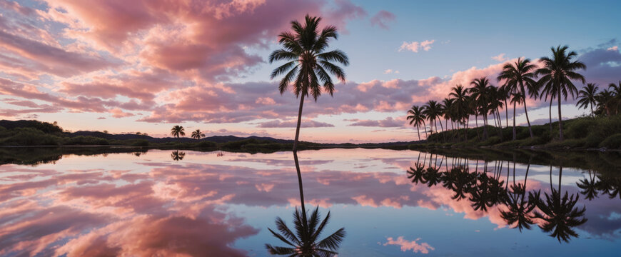 Tropical landscape with pink clouds