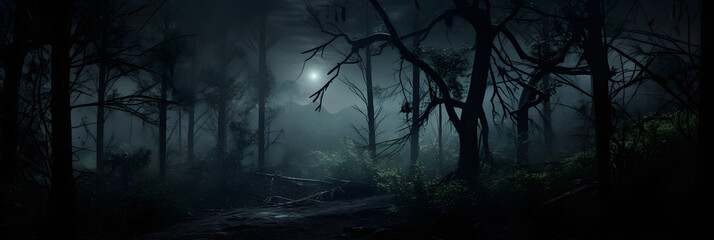 Mystical Silhouettes: The Enigma of a Dark Forest under the Veil of Night - obrazy, fototapety, plakaty