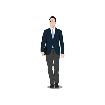 Vector illustration businessman standing with formal suit in cartoon flat style. Worker character in different poses, standing and walking, using phone, handling bag, front, back and side view.