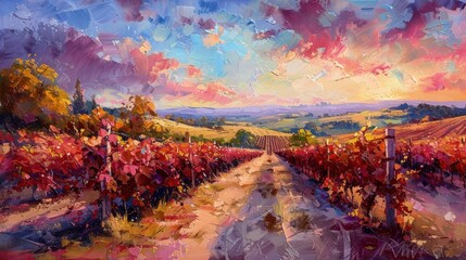 Oil Painting of a Vineyard Grapes Harvest Vibrant Colors Background Template for Business Presentation 16:9 - obrazy, fototapety, plakaty