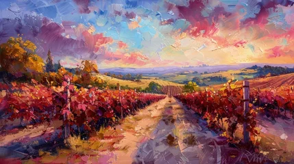 Fotobehang Oil Painting of a Vineyard Grapes Harvest Vibrant Colors Background Template for Business Presentation 16:9 © Vibes 16:9