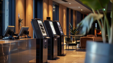 A guest checking in via a self-service kiosk in the lobby of a contemporary hotel