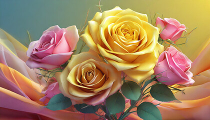 Yellow and pink roses flower ion a tender green background.