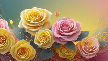 Yellow and pink roses flower ion a tender green background.