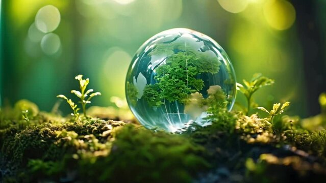 glass earth globe in lush forest, green energy and environmentalism concept Generative AI