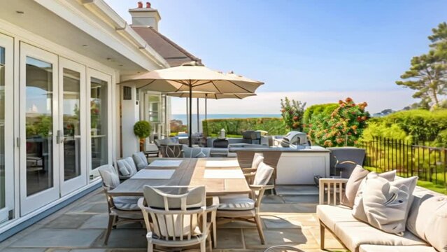 White coastal cottage terrace decor in the English countryside style with a seaview by the seaside, home decor and interior design
