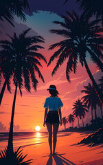A gils in a beach, sunset illustration vector
