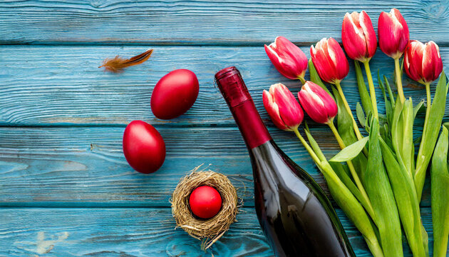 Easter background, red eggs bottle wine on in the test with tulips top view