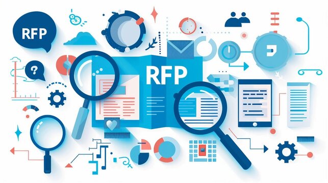 an illustration  with the acronym  RFP text integrates with an unfolding document, magnifying glasses symbolizing the opening and exploration of proposals. 
