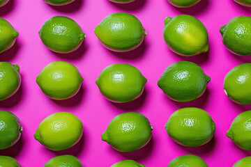 Fresh organic limes arranged in a row on a vibrant pink background with tops facing the viewer