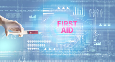 Close-up view of doctor's hand in a white glove holding syringe