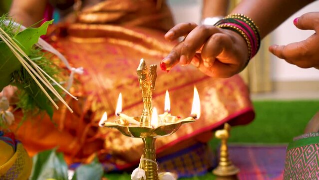 oil lamps on the Religious occasion of Diwali festival in decorated house.