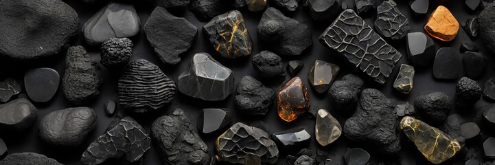 The dark texture of the stone, raw black obsidian, hardened volcanic lava glass, natural patterns and shapes on the stone section..AI generative - obrazy, fototapety, plakaty