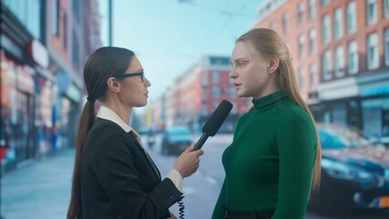 Female presenter reporting on air outside. Woman news host journalist taking interview with young...