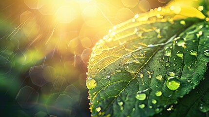 Morning dew drops shine in the sun. Beautiful leaf texture in nature natural background