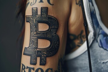 ultra close-up shot of a beautiful human body with tatto on it saying "BTC",  Bitcoin sign tattoed on