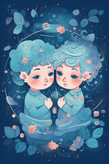 Gemini zodiac sign, kids illustration,generative ai