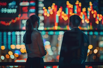 2 business people stand and watch the stocks go down  - obrazy, fototapety, plakaty