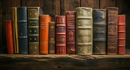 Vintage collection of classic literature books on wooden shelf against rustic background
