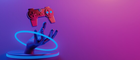 3d illustration rendering of mannequin hand hold  technology futuristic cyberpunk display, gaming scifi stage pedestal background