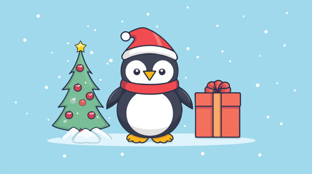 Vector flat cartoon penguin with Christmas present 