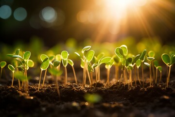 Celebrate the sense of renewal and growth with a bokeh background of sprouting seedlings in a sunlit greenhouse.  - obrazy, fototapety, plakaty