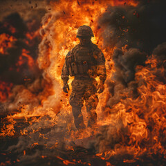 Naklejka premium Military Soldier in Front of a Fire generative ai