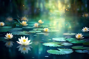 Foto op Canvas Create a serene atmosphere with a bokeh background of a tranquil pond surrounded by blooming water lilies.  © Tor Gilje