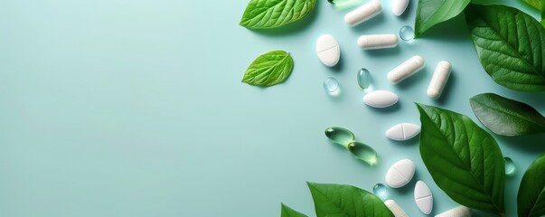 Assorted supplements and green leaves scattered on a pastel blue background, symbolizing natural healthcare