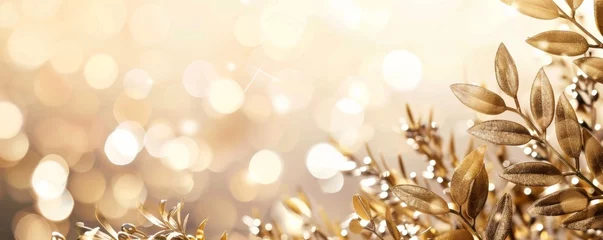 Foto auf Glas Glittering golden bokeh lights enhance the natural elegance of olive branches, casting a warm, festive glow © EVGENIA