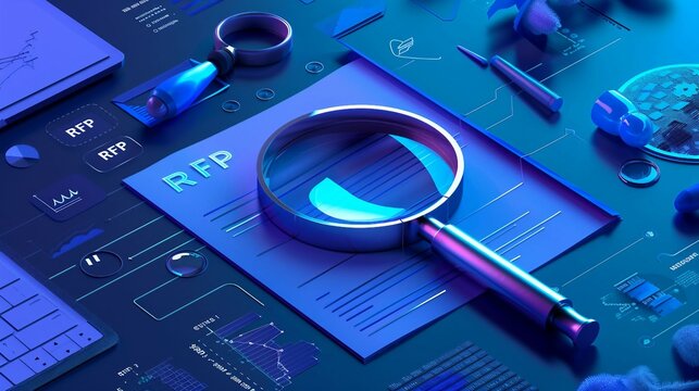 an illustration with the acronym RFP text integrates with an unfolding document, magnifying glasses symbolizing the opening and exploration of proposals.