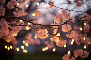 Embrace the romance of spring evenings with a bokeh background of twinkling fairy lights draped over blossoming trees. 