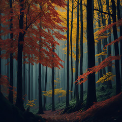 Atmospheric foggy dark autumn forest with colorful trees