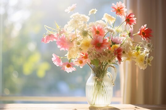 Embrace the simplicity of springtime still life with a bokeh background of freshly picked wildflowers in a vase