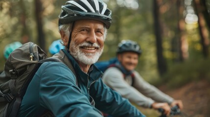 Fototapeta premium Smiling senior man hanging out with friends before morning mountain biking.