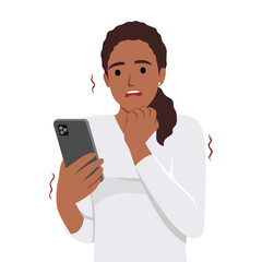 Frightened woman with phone biting nails in fear after reading bad news. Flat vector illustration isolated on white background