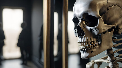 The skeleton spies on people alive - obrazy, fototapety, plakaty