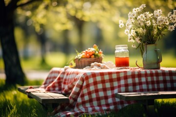 Highlight the charm of spring picnics with a bokeh background of dappled sunlight on a checkered blanket. --ar 3:2 --v 5.2 Job ID: 1539aa5e-7243-4e14-bbea-e148f4323558