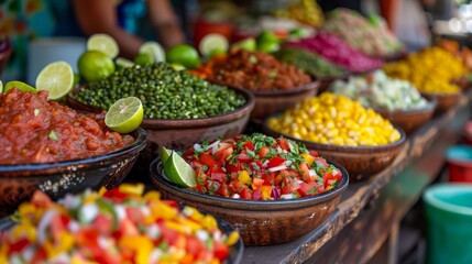 An array of fresh, colorful salsas and chopped ingredients on display at a market, inviting with its vibrant and appetizing array. - obrazy, fototapety, plakaty