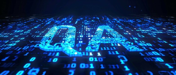 Digital blue matrix binary code forms the acronym QA , symbolizing the concept of Quality Assurance.

