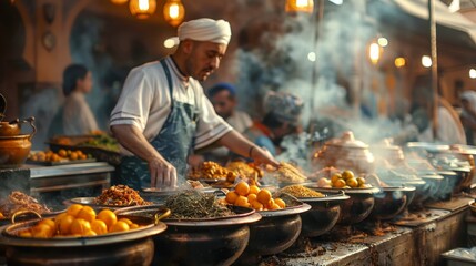 A skilled chef is serving a variety of traditional dishes at a bustling outdoor food market filled with steam and eager customers. - obrazy, fototapety, plakaty