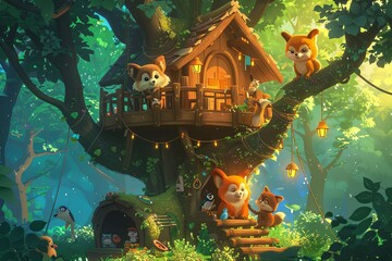 Fototapeta na wymiar treehouse from mischievous forest creatures, using vibrant colors and expressive characters to bring the cartoon to life 