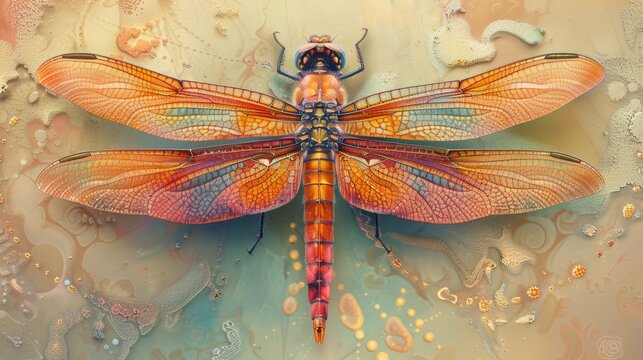 A dragonfly with intricately patterned wings rests atop a creatively painted canvas, blending nature and art in a harmonious composition.