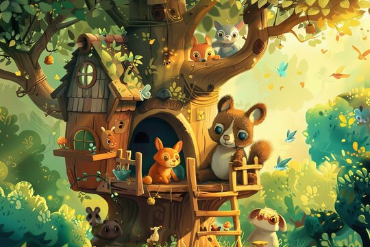  favorite treehouse from mischievous forest creatures, using vibrant colors and expressive characters to bring the cartoon to life 