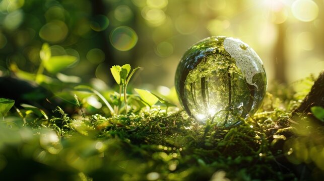 Close up of sphere glass globe in the green nature forest. AI generated image