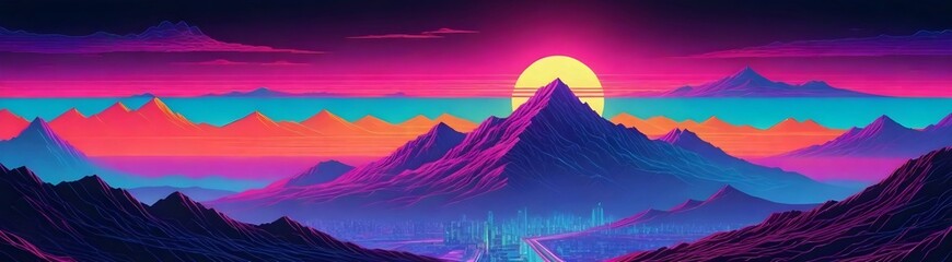 Vibrant neon-colored landscape with purple mountains in the foreground and a futuristic city