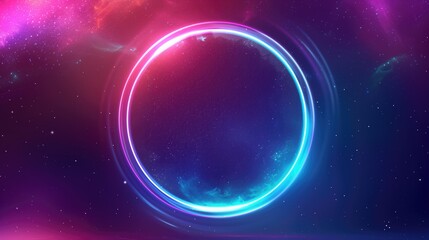 abstract background, cosmic landscape, round portal, pink blue neon light, virtual reality, energy source, glowing round frame, dark space, ultraviolet spectrum, laser ring, generative ai