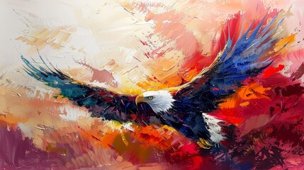 An abstract painting capturing the fierce essence of an eagle in flight, with bold, expressive brush strokes and a vibrant color palette.