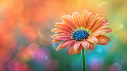close up di  di fiore aranciato vibrante  che si staglia su un rigoglioso sfondo arcobaleno, creando un contrasto visivamente sorprendente, spazio per testo, formato rettangolare