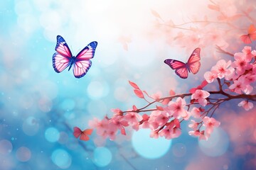 Fototapeta na wymiar Showcase the delicacy of spring blossoms against a bokeh background of fluttering butterflies. 